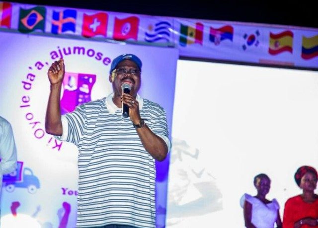 Oyo's Governor Abiola Ajimobi...addressing football lovers at the viewing centre...