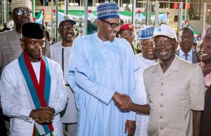 APC Convention: Buhari Tells Winners To Be ‘Humble In Victory’ L-R: Professor Yemi Osinbajo, President Muhammadu Buhari and Comrade Adams Oshiomhole, the new National Chairman for APC...