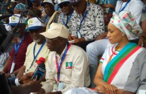 How Oshiomhole, Masari Emerged At APC Convention R-L: Mrs Oshiomhole, Comrade Adams Oshiomhole at the convention on Saturday...