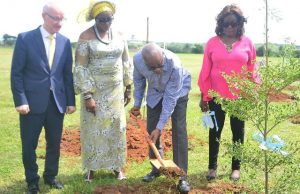 Atlantic Hall Flag-off Multi-million Naira Ultra-modern Sports Complex Construction (From left) Mr. Andrew Jedras, Principal, Atlantic Hall, Mrs. Maureen Akpofure-Awobokun, PTA Chairman, Atlantic Hall; Dr. Kweku Tandoh, Executive Chairman, Lagos State Sports Commission and Mrs. Taiwo Taiwo, member Board of Trustee, Atlantic Hall at the tree planting exercise to flag-off the construction of the ultra-modern multi-million naira Atlantic Hall Sports Complex project at the school premises in Epe, Lagos…recently…