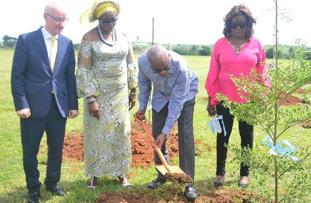 (From left) Mr. Andrew Jedras, Principal, Atlantic Hall, Mrs. Maureen Akpofure-Awobokun, PTA Chairman, Atlantic Hall; Dr. Kweku Tandoh, Executive Chairman, Lagos State Sports Commission and Mrs. Taiwo Taiwo, member Board of Trustee, Atlantic Hall at the tree planting exercise to flag-off the construction of the ultra-modern multi-million naira Atlantic Hall Sports Complex project at the school premises in Epe, Lagos…recently…