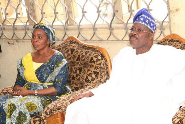 L-R: Widow of a late strongman of the All Progressives Congress, Mrs. Adenike Ogundiran; and Oyo State Governor, Senator Abiola Ajimobi, during the governor's condolence visit to the deceased’s home, in Jobele, Afijio Local Government Area of the state, on Wednesday…