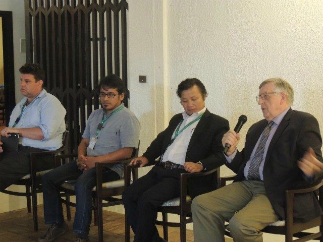 L-R: Dr. Jonathan Newby, Scientist from CIAT-Vietnam; Dr. Wilmer Cuellar, Scientist from CIAT-Colombia; Prof. Le Huy Ham, Scientist from AGI, Vietnam; and Dr. Claude Fauquet, Director of GCP21 during a special session on CMD outbreak in Cotonou, Benin Republic…