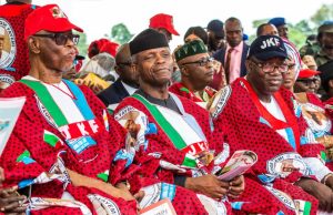 Ekiti Guber: Day Osinbajo, Tinubu Led Governors, Others To Fortify Fayemi In Ekiti L-R: Chief John Odigie Oyegun, APC Chairman, Vice President Yemi Osinbajo, Senator Babafemi Ojudu and Dr Kayode Fayemi at the rally...