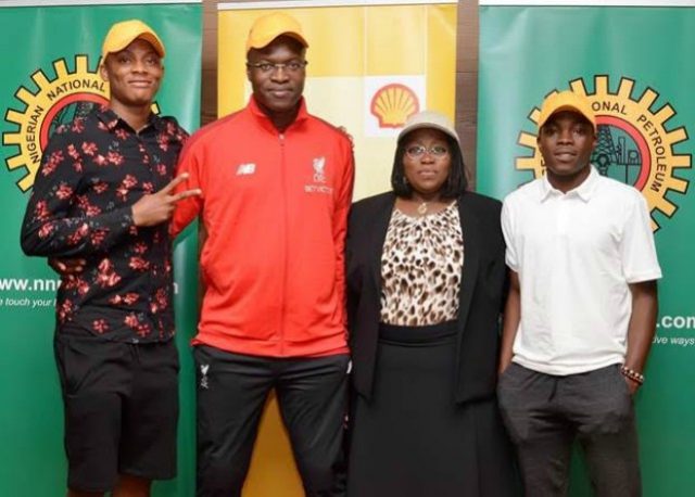 L-R: 2017 NNPC/Shell Cup Most Valuable Player (MVP), Iyobor Arase; General Manager External Relations of Shell Petroleum Development Company (SPDC), Mr. Igo WelI; Deputy Manager, Community Relations, NAPIMS, Ms. Julie Utang; and second MVP, Ernest Ejolum, at a reception in Lagos on Monday in honour of the MVPs who just returned from a training tour of The Netherlands…