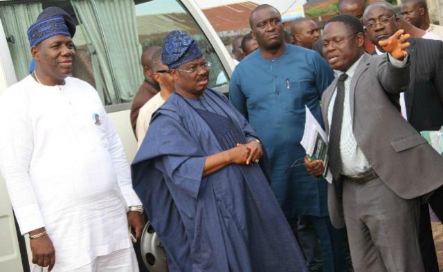 L-R: Oyo State Commissioner for Health, Dr. Azeez Adeduntan; state Governor, Senator Abiola Ajimobi; Contractor, Mr. Ayo Majolagbe; and Permanent Secretary, Ministry of Health, Dr. Olayemisi Iyiola, during the inspection of World Bank-assisted Jericho Paediatric and Maternity Centre, a project of the state government, in Ibadan...