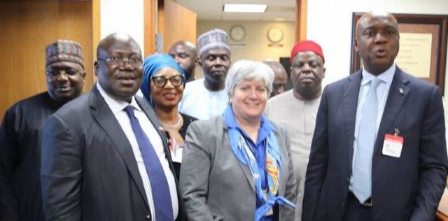 President of the Senate, Dr. Abubakar Bukola Saraki (r), Leader of the Senate, Senator Ahmad Lawan (l) and other members of the National Assembly Delegation on parliamentary visit to the USA, with Stephanie Sullivan of the Bureau of African Affairs, at the US State Department at the weekend