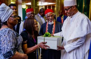 Photo: Late Alex Ekwueme’s Family Pays Thank You Visit To Buhari President Buhari with Chief Laz Ekwueme, Prof. O.Ekwueme and Mrs Beatrice Ekwueme