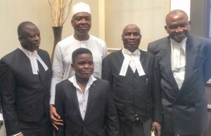 My Trial Politically Motivated – Saraki President of the Senate, Dr. Abubakar Bukola Saraki with the leader of his defence team, Chief Kanu Agabi SAN (right), Barr. Saka Isau SAN (2nd right), Mahmud Magaji SAN (left), and Agabi's son, Eshen, shortly after the judgement of the Supreme Court in Abuja, on Friday...