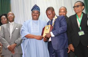 Day Ajimobi Was Named ‘Digital Governor Of The Year’ L-R: Vice President, Nigeria Computers Society, Prof. Charles Uwadia; Oyo State Governor and recipient of 'Digital Governor of the Year,' Senator Abiola Ajimobi, President, NCS, Prof. Adesola Aderounmu; and Provost, College of Sciences, University of Ibadan, Prof. Adenike Osofisan, during the 27th National Conference of the NCS, in Ibadan...