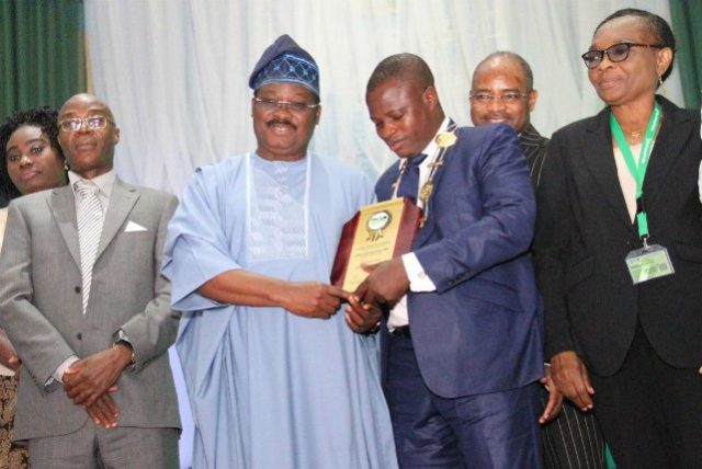 L-R: Vice President, Nigeria Computers Society, Prof. Charles Uwadia; Oyo State Governor and recipient of 'Digital Governor of the Year,' Senator Abiola Ajimobi, President, NCS, Prof. Adesola Aderounmu; and Provost, College of Sciences, University of Ibadan, Prof. Adenike Osofisan, during the 27th National Conference of the NCS, in Ibadan...