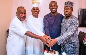 Day Ajimobi Used PA’s Birthday To Renew Political Ties With Akanbi, Buhari L-R: Senator Abudulfatai Buhari, Senator Abiola Ajimobi, Mr Dayo Iyaniwura and Senator Rilwan Adesoji Akanbi…in Abuja, on Tuesday evening…