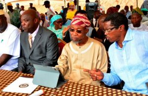 Cornerstone Of N2.7 Billion Osun Shopping Mall Laid By Aregbesola Governor State of Osun, Ogbeni Rauf Aregbesola (2nd right), Architect Gboyega Adeeyo (right), Head of Service, Festus Olowogboyega, Commissioner for Cabinet, Senator Mudashiru Hussain, at the symbolic commencement and laying of corner brick of the State of Osun Shopping Mall situated along Osogbo/Gbongan/Ibadan road, Osogbo…