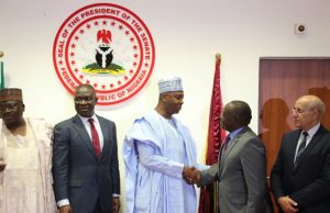 Photo: When Saraki Hosted African Parliamentary Union’s Scribe President of the Senate, Dr. Abubakar Bukola Saraki in a handshake with the Secretary General of the African Parliamentary Union (APU), Mr. Nzi Koffi, with them (from left) are the Leader Of the Senate, Senator Ahmad Lawan, Deputy Senate President, Senator Ike Ekweremadu and a member of the APU delegation, Mr. Samir Cheron Ati, during the visit…