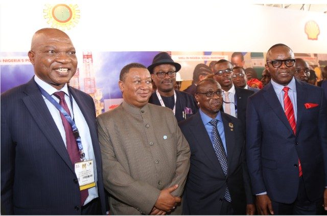 L-R: Managing Director, Shell Petroleum Development Company and Country Chair, Shell Companies in Nigeria, Osagie Okunbor; Secretary-General of OPEC, Mohammed Barkindo; Executive Secretary, Nigeria Content Development and Monitoring Board, Simbi Wabote; Group Managing Director, Nigeria National Petroleum Corporation, Maikanti Baru; and the Minister of State for Petroleum Resources, Emmanuel Ibe Kachikwu, during an inspection of Shell stand at the event…