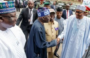 Buhari Meets Tinubu, Other APC Stakeholders In The South West President Muhammadu Buhari, right, being welcomed to the venue of the meeting by Senator Bola Ahmed Tinubu...