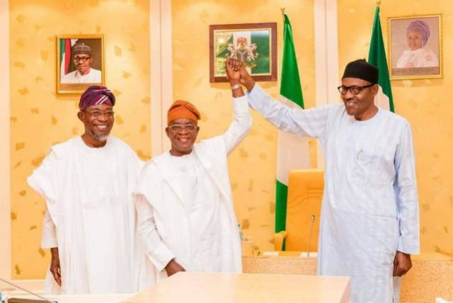 L-R: Governor Rauf Aregbesola, Adegboyega Oyetola and President Muhammadu Buhari...