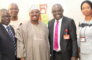 Oyo Moves To Ensure Distribution Of Unclaimed 756,000 PVC, To Declare Work-Free Hours L-R: Administrative Secretary, Independent National Electoral Commission (INEC), Oyo State, Mr. David Asemo; Head of Department, Voter Education and Publicity, Mr. Ayodele Folami; state Governor, Senator Abiola Ajimobi; state Resident Electoral Commissioner, Mr. Mutiu Agboke; and HOD, ICT and Voter Registry, Mrs. Wumi Balogun, during an advocacy visit to the governor, in his office, in Ibadan... on Tuesday