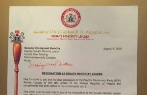 Buhari Outwits Saraki As Akpabio Resigns As Senate Minority Leader Senator Akpabio's letter