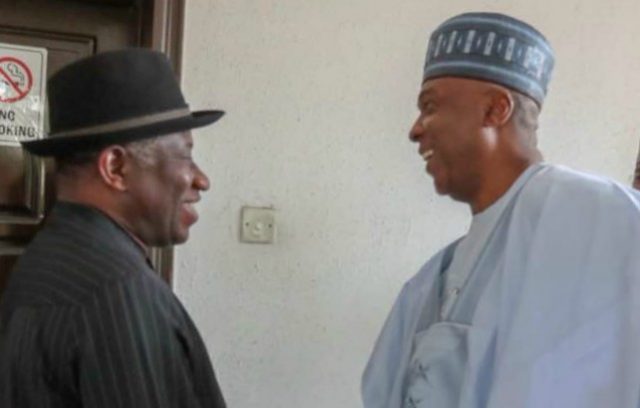 Dr Goodluck Jonathan, left, with Senate President Bukola Saraki...in Abuja on Wednesday...