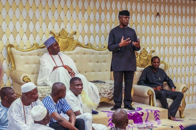 Vice President Yemi Osinbajo, addressing Oba Ademola Elegushi and his people at the Palace...