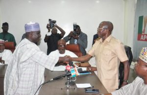 Oshiomhole To Taraba People: You Will Have A ‘Resident’ Governor In 2019 Comrade Adams Oshiomhole, APC National Chairman, congratulating the newly-sworn in Chairman of Taraba APC, Hon. Ibrahim Tukur El-Sudi after his swearing in at the Party’s National Secretariat in Abuja on Monday…