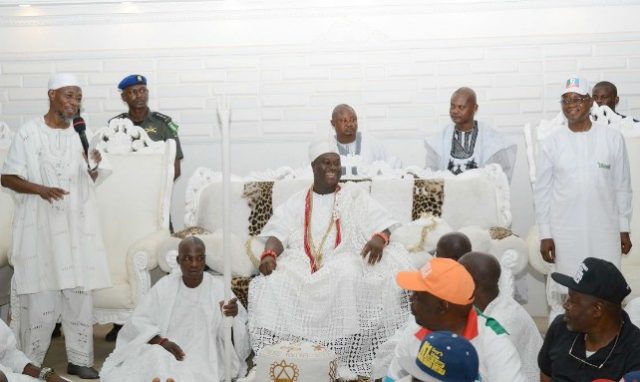 From left, Governor State of Osun, Ogbeni Rauf Aregbesola, the Ooni of Ife, Oba Ogunwusi Adeyeye and Osun governorship candidate, Alhaji Isiaka Oyetola Adegboyega (aka Ileri Oluwa), during the campaign flag off and blessings for the aspirant…