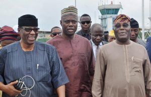 Atiku Promises To Return South West States To PDP If… R-L: Former Vice President and PDP Presidential aspirant, Alhaji Atiku Abubarkar, PDP Oyo State governorship aspirant, Engr Seyi Makinde and former governor of Ogun State, Otunba Gbenga Daniel at Ibadan Airport during Atiku visit to Oyo State…