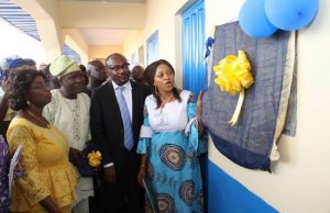 Photo: Day Nigerian Breweries Donated Classrooms To Oyo School L-R:- Acting P S, Ministry of Education, Mrs. Ibironke Fatoki, Principal, Community Secondary School, Mr. Aderibigbe, Breweries Manager, Tayo Ogundina and the Representative of Oyo State Governor and Special Adviser to the Governor on Education- Dr Bisi Akin-Alabi as the plaque was being unveiled...