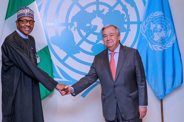 President Muhammadu Buhari, left, with UN's Sec-Gen, Mr Antonio Guterres  