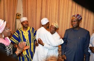 GuberInOsun#: How Oyetola Was Declared Winner By INEC Governor of Osun State, Ogbeni Rauf Aregbesola, congratulating the Governor Elect, Alhaji Gboyega Isiaka Oyetola (Aka Ileri Oluwa). With them are Deputy Governor Elect, Dr. Benedict Gboyega Alabi (right); Deputy Governor Titi Laoye-Tomori and the Oluwo of Iwoland, Oba Abdul-Rasheed Adewale Akanbi, after the declaration of Oyetola…