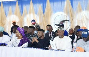 Aregbesola Pledges Commitment To Poverty Eradication, Human Development Vice President, Prof. Yemi Osinbajo, SAN, (3rd right); Governor State of Osun, Ogbeni Rauf Aregbesola (2nd right); his deputy, Mrs Titi Laoye-Tomori (3rd left); Minister for Heath, professor Isaac Adewole (right); All Progressive Congress (APC), Governorships Candidate, Alhaji Gboyega Oyetola (left); Secretary All Progressive Congress Osun (APC), Alhaji Rasaq Salensile (2nd left), during the launching held inside Elementary School, Opp. Iwo Local Govt. Secretariat, Iwo on Monday…