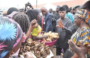 Photo: Osinbajo In Ibadan To Monitor ‘Trader Moni’ Programme Vice President Yemi Osinbajo, second from the right, with traders at the market on Thursday…