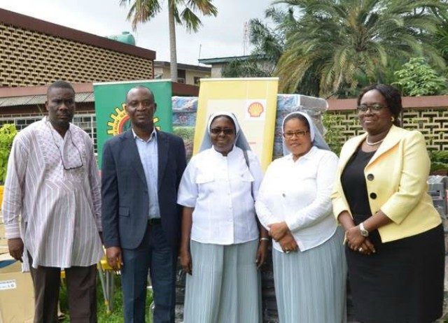L-R: Social Performance Adviser, Shell Nigeria Exploration and Production Company (SNEPCo), Hope Nuka; SNEPCo Non-Operated Venture Manager, Segun Owolabi; the Principal, Pacelli School for the Blind and Partially Sighted Children, Sister Jane Onyeneri; Sister Eucharia Uwakwe; and SNEPCo’s Communications Manager, Olusola Abulu, during the donation of furniture items to Pacelli School for the Blind and Partially Sighted Children in Lagos ...