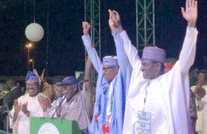 I Promise Not To Let You Down, Buhari Tells Nigerians L-R: Governor Abiola Ajimobi, Comrade Adams Oshiomhole, President Muhammadu Buhari...at the Eagle Square on Sunday morning...