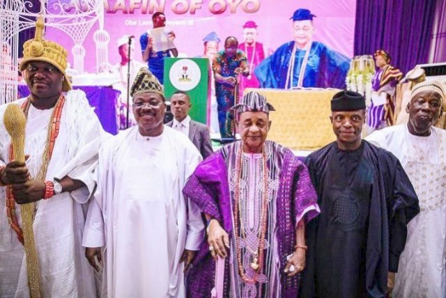 L-R: The Ooni of Ife, Oba Adeyeye Ogunwusi, Oyo's Governor Abiola Ajimobi, the Celebrant, Vice President Yemi Osinbajo...at the event...