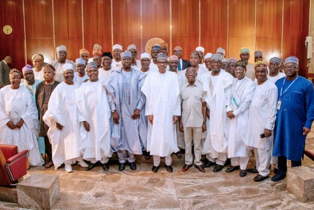 President Muhammadu Buhari, top FG/APC officials with the aspirants...on Monday...