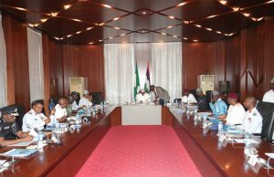 2019 Polls: Security Chiefs Meet With Buhari Again In Aso Rock President Muhammadu Buhari with the Heads of the National Security Council...during the meeting...