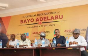 Photo Event: Oyo APC’s Guber Candidate Engages The Media Chief Adebayo Adelabu, middle, with Yemi Sonde, Dayo Laniyan, Olayinka Agboola and others...at the event...