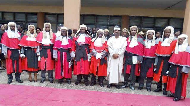 The representative of the Governor of Oyo State and Secretary to the State Government, Lekan Ali, Chief Judge, Justice Munta Abimbola (right) and some judges in Oyo State Judiciary after the Special Service…