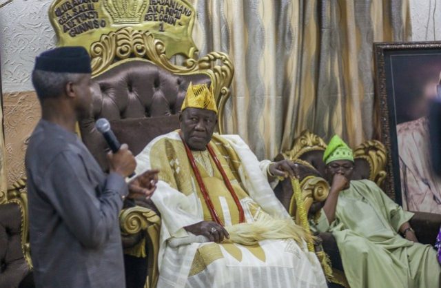 VP Osinbajo with VP Osinbajo, left, with the Olubadan of Ibadanland, Oba Saliu Adetunji and Gov. Oyo State, Sen. Abiola Ajimobi…