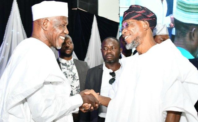 Governor State of Osun, Ogbeni Rauf Aregbesola (right), exchanging pleasantries with Sheikh (Dr) Muhyideen Ajani Bello, during the event…
