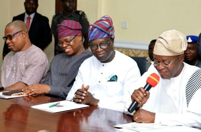 R-L: Governor of Osun State, Mr.Gboyega Isiaka Oyetola; his deputy, Mr. Benedict Gboyega Alabi; former Special Adviser, Ministry of commerce, Cooperative and Industry, Dr. Olalekan Yunusa and former Finance Commissioner, Mr.Bola Oyebanji, during the Governor's interactive session with Civil Servants…
