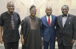 Photo: DG, Governors’ Forum Visits Ajimobi Managing Director, Feedo Foods Limited, Ibadan, Mr. Remi Adewunmi; Oyo State Governor, Senator Abiola Ajimobi; Director-General, Nigeria Governors' Forum, Mr Asishana Okauru; and Chairman, Nigeria Bar Association, Ibadan branch, Dr. Oluwole Akintayo, during the DG's visit…