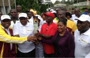 Photo: When The Torch Of Unity Was Received By Oyo Government L-R: Mr Olalekan Alli, Secretary to Oyo State Government, Chief Moses Adeyemo, Oyo State Deputy Governor, Mr Femi Ajao, Zonal Director, Federal Ministry of Youth and Sports, Mrs Hannah Ogunesan, Head of Service, Mr Abayomi Oke, the State Commissioner for Sports…at the event…