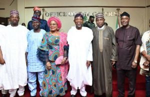 Photo: Senate Committee On Works Visits Aregbesola Ogbeni Rauf Aregbesola (4th right ); Chairman Senate Committee on Works, Senator Kabiru Ibrahim (3rd right); deputy governor of Osun, Otunba Grace Titi-Laoye Tomori (4th leeft); Vice Chairman Committee on Works, Senator Clifford Ordia (2nd right); a member of the Committee on Works, Senator Biodun Olujimi (right); a member of the Committee on Works, Senator Sani Mustapha (2nd left); Chief Staff to governor, Mr Rasaq Salinsile (3rd left): and Commissioner for Works and Transport, Engr. Kazeem Salami (right): during the visit…