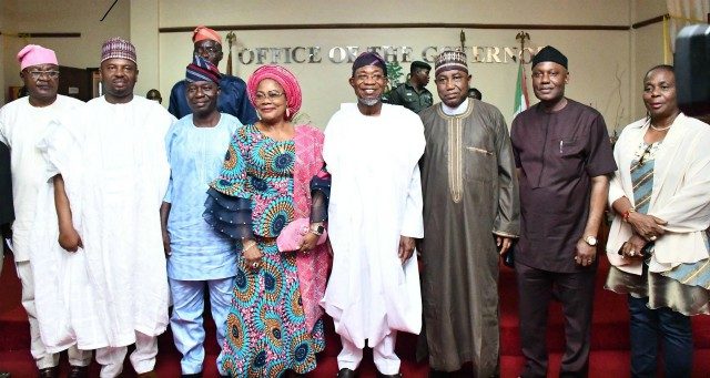 Ogbeni Rauf Aregbesola (4th right ); Chairman Senate Committee on Works, Senator Kabiru Ibrahim (3rd right); deputy governor of Osun, Otunba Grace Titi-Laoye Tomori (4th leeft); Vice Chairman Committee on Works, Senator Clifford Ordia (2nd right); a member of the Committee on Works, Senator Biodun Olujimi (right); a member of the Committee on Works, Senator Sani Mustapha (2nd left); Chief Staff to governor, Mr Rasaq Salinsile (3rd left): and Commissioner for Works and Transport, Engr. Kazeem Salami (right): during the visit…