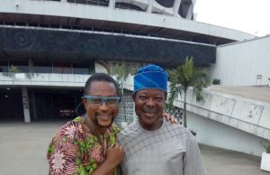 Baba Sala’s Burial: Chairman, Central Planning Committee, KSA Inspects National Theatre King Sunny Ade, right, with one of the sons of the late comedian, Mr Emmanuel Adejumo...at the National Theatre over the weekend…