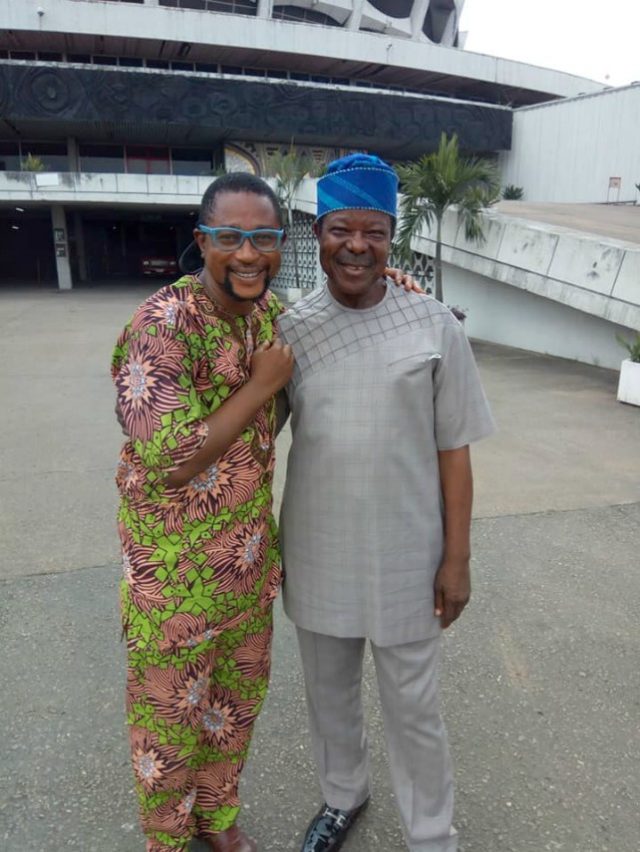 King Sunny Ade, right, with one of the sons of the late comedian, Mr Emmanuel Adejumo...at the National Theatre over the weekend…