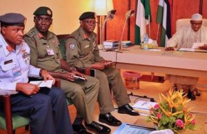 Melete Massacre: Buhari, Service Chiefs Brainstorm In Abuja President Muhammadu Buhari, right, with Security Chiefs...recently...
